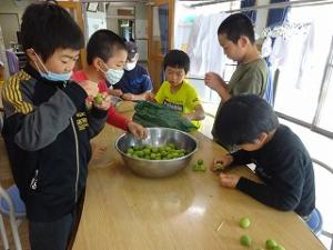 興味津々で作業する留学児童の写真