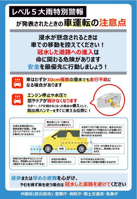 レベル5大雨特別警報が発表されたときの車運転の注意点チラシ