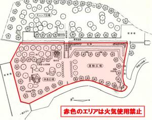 銚子ダム公園の火気使用禁止エリアが赤色で表示されている平面図 詳細は以下