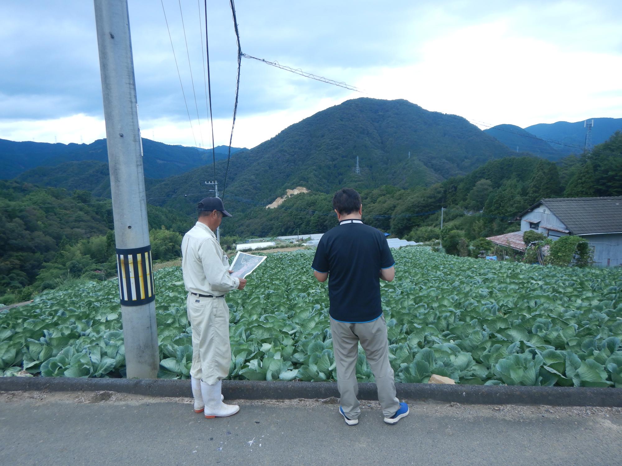現地確認をしている写真。農業者さんと町職員が話している。