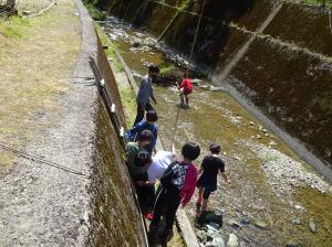 水に入って川遊びをする留学児童の写真