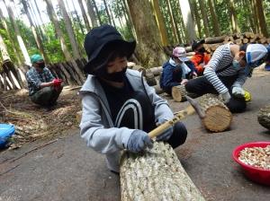 皆で協力して作業する留学児童の写真