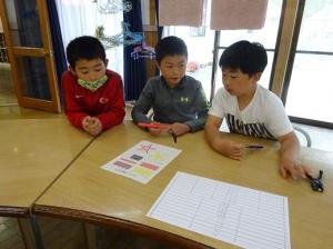 設計図を眺める留学児童の写真