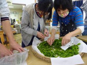 緑の茶葉の水気を切る留学児童の写真