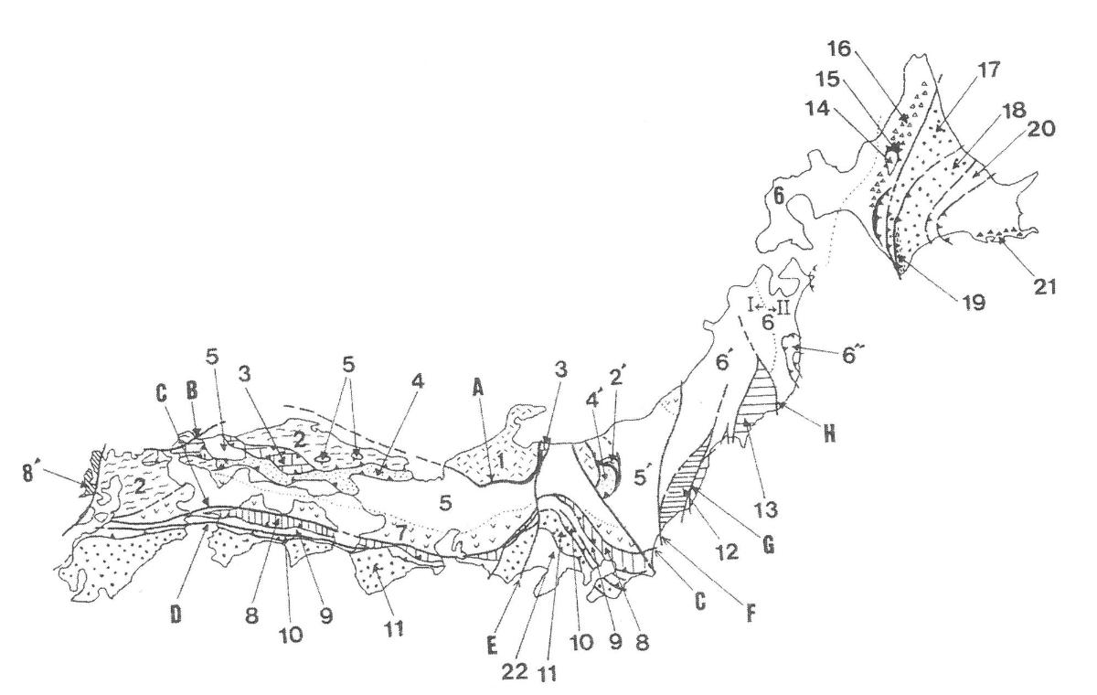 日本列島の地質区分を表す日本地図