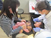 歯科医が子どもの口の中を診察している写真