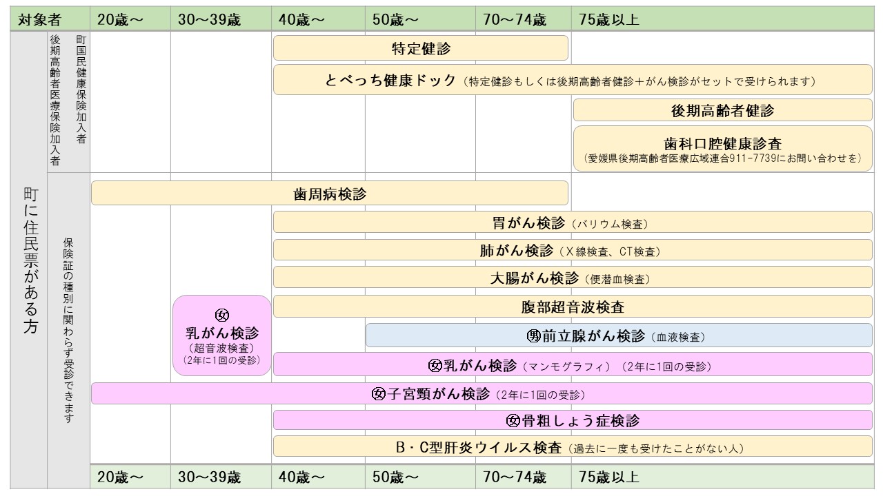 町が実施しているけんしん項目と対象者